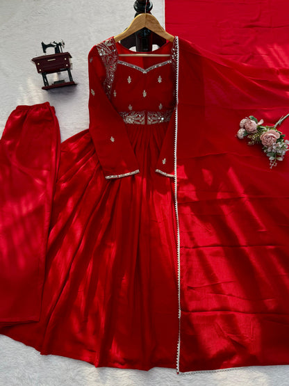 red colour beautiful partywear dress in chinon silk fabic