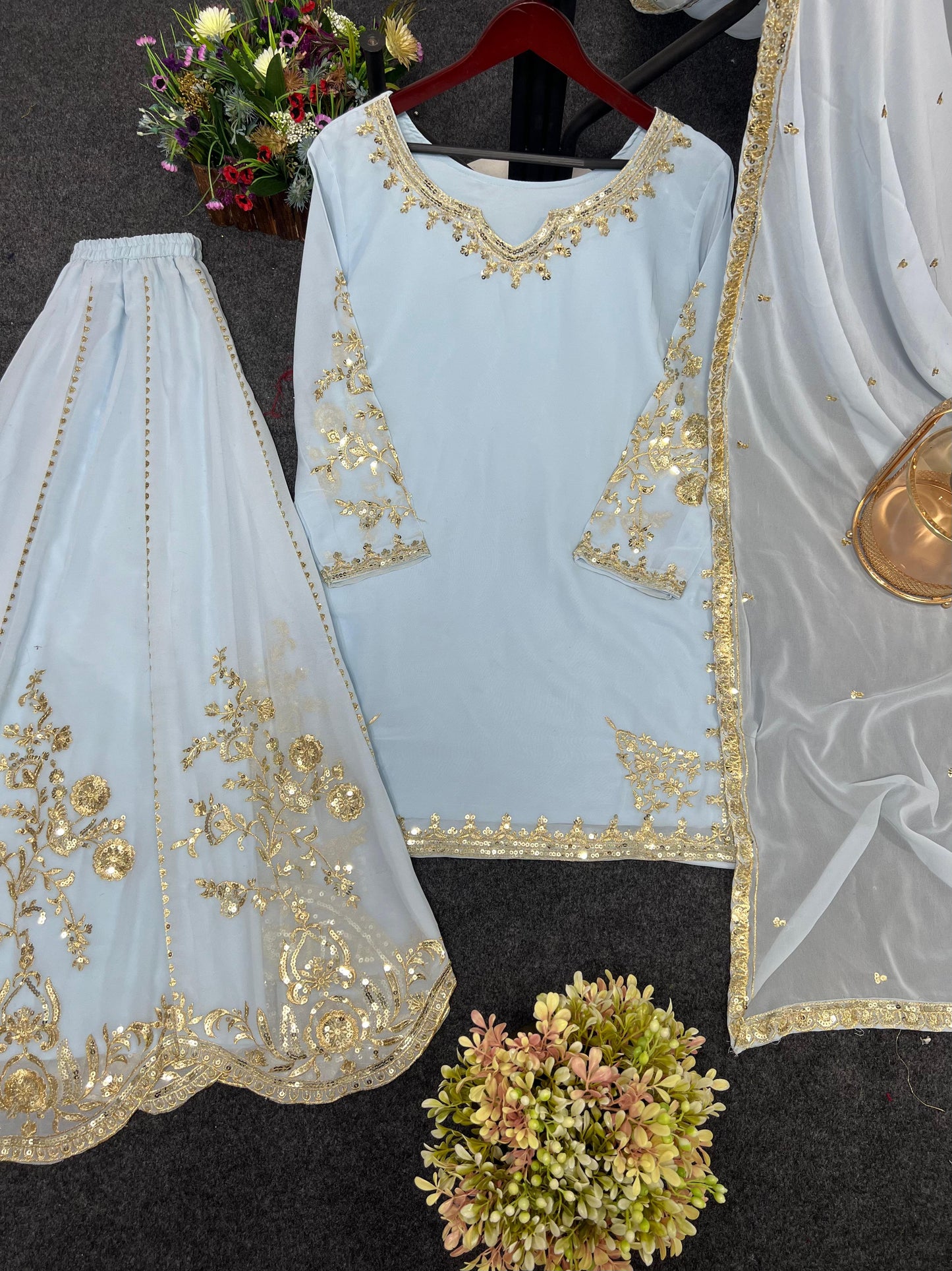 Sky BLue Color Beautiful 3 Piece Kurti With Sharara And Dupatta