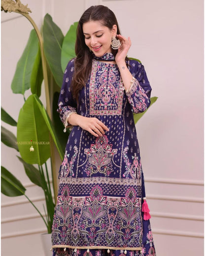 designer wear trending top with printed work with hand work with plazo and dupatta set