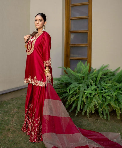 Red Color Partywear Sharara Suit in chinon silk fabric