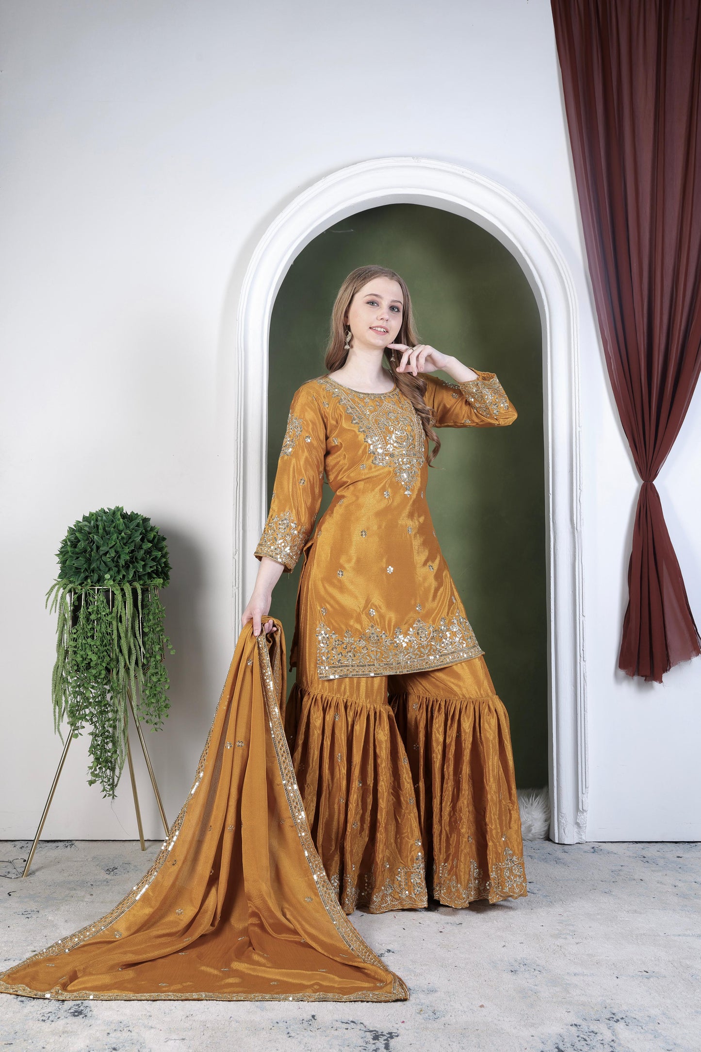 Embroidery And Sequence Worked Top-Sharara And Dupatta Set Fully Stitched Ready To Wear