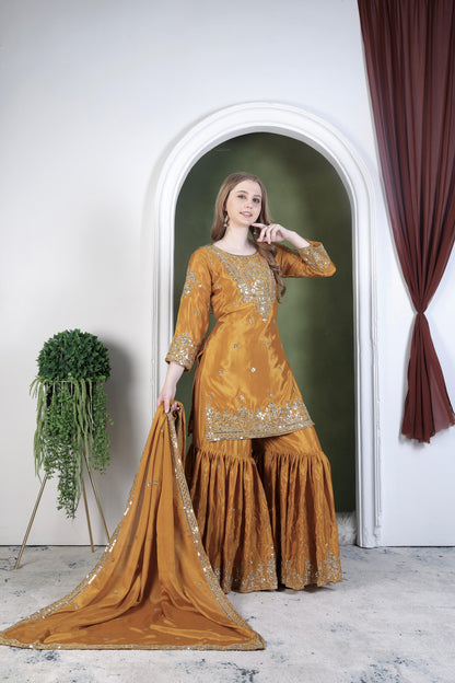 Embroidery And Sequence Worked Top-Sharara And Dupatta Set Fully Stitched Ready To Wear