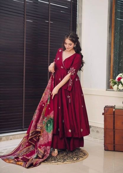 Purple Colour Beautiful Chinnon fabric With Embroidery Sequence Work Gown And Dupatta Set