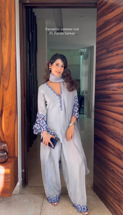 Party Wear Look Pure Natural Crepe Top & Farshi Palazzo With Dupatta Set in grey color