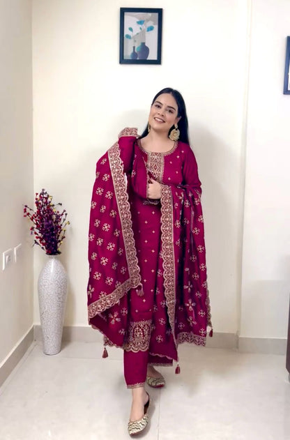 Vichitra Silk Top-Pent And Dupatta Set Fully Stitched Ready To Wear