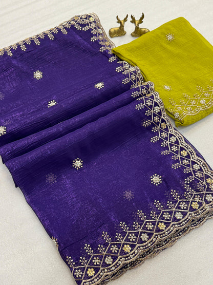Chiffon Silk Saree with beautiful embroidery in blue color