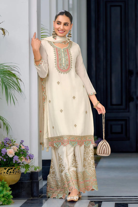 Designer Party Top Sharara & Dupatta Set in white color