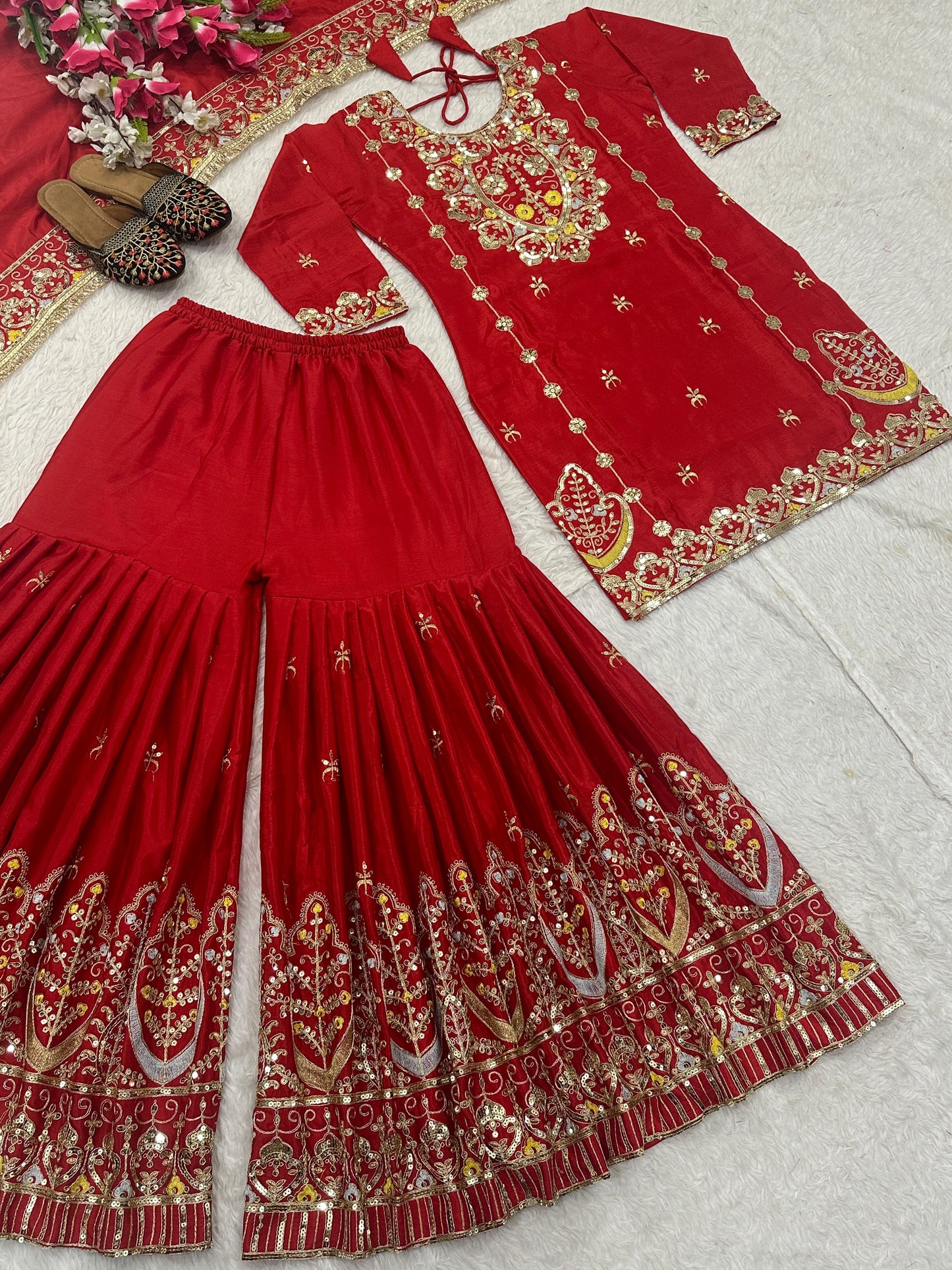 Red Color Beautiful Plazo Dress in Chinon Fabric