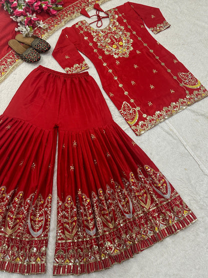 Red Color Beautiful Plazo Dress in Chinon Fabric
