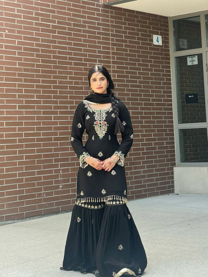 Party Wear Look Top-Sharara And Dupatta With Heavy Embroidery Sequence Work in black color