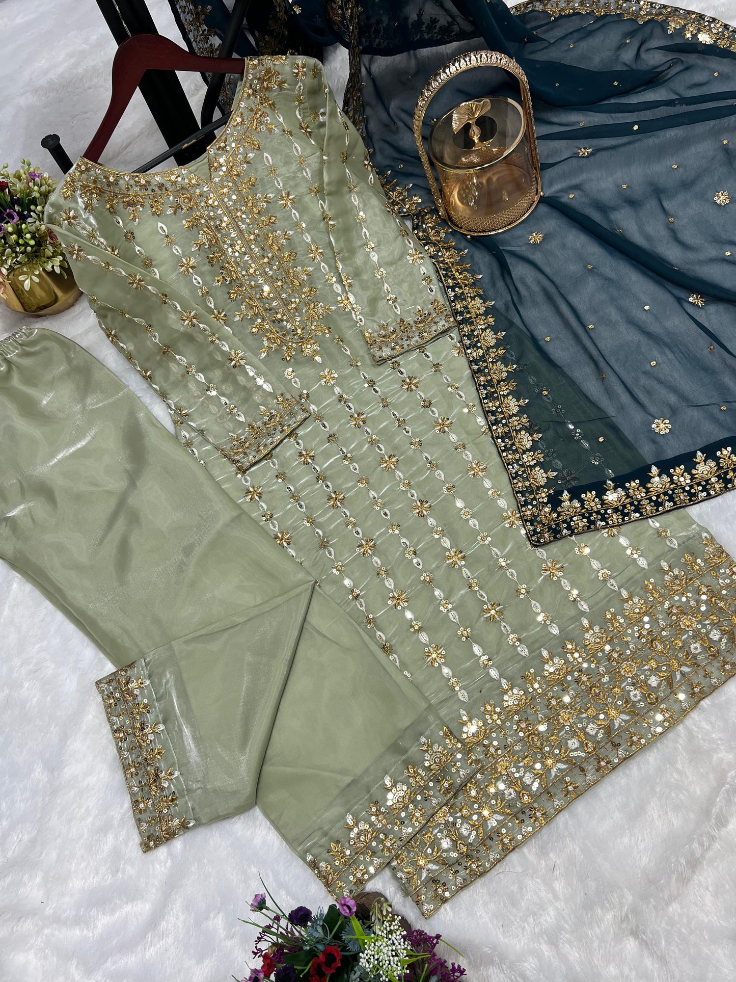 3 Piece Stylish Kurti, Bottom And Dupatta With Beautiful Embroidery Sequence Work