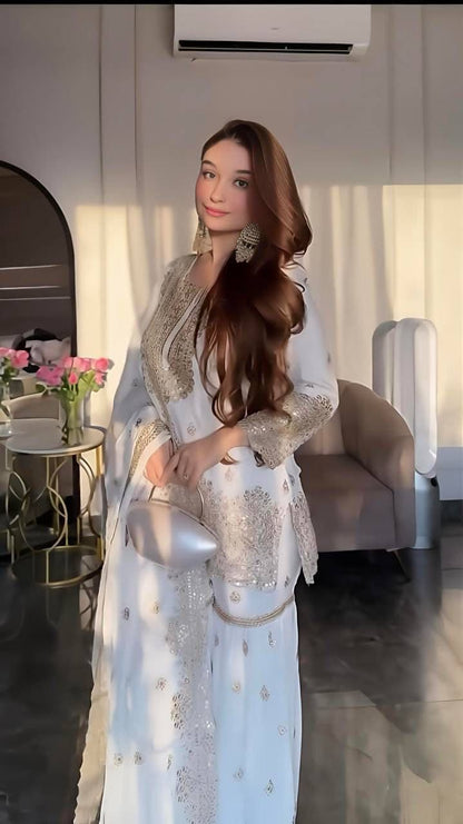 White Color Beautiful Sharara Suit in Silk Color