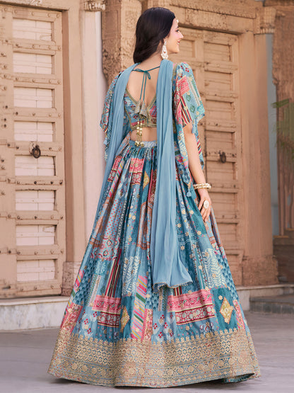 Sky Blue Color Beautiful Lehenga Choli in Chinon Silk Fabric