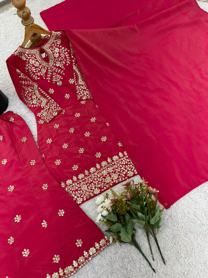 Simar Silk With Embroidery Work Top-Bottom And Dupatta Set Fully Stitched Ready To Wear
