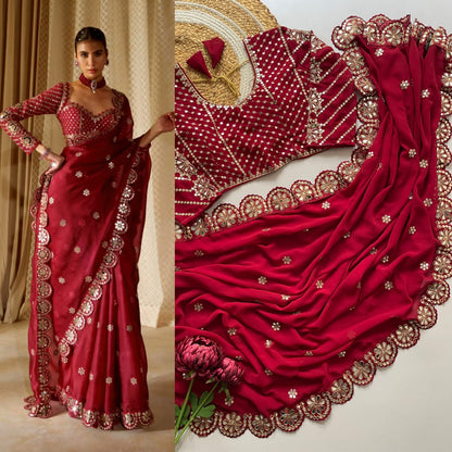 Red Maroon Color Beautiful Partywear Saree