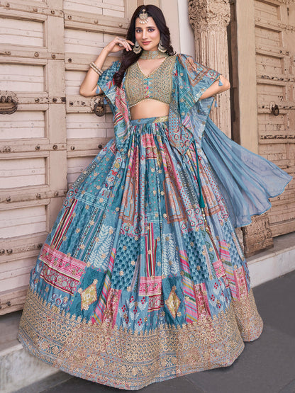 Sky Blue Color Beautiful Lehenga Choli in Chinon Silk Fabric