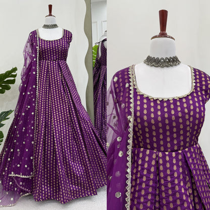 Purple Color Beautiful Gown in Jacquard Silk Fabric