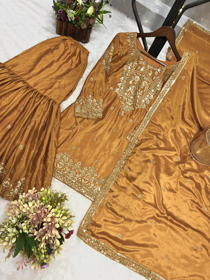 Embroidery And Sequence Worked Top-Sharara And Dupatta Set Fully Stitched Ready To Wear