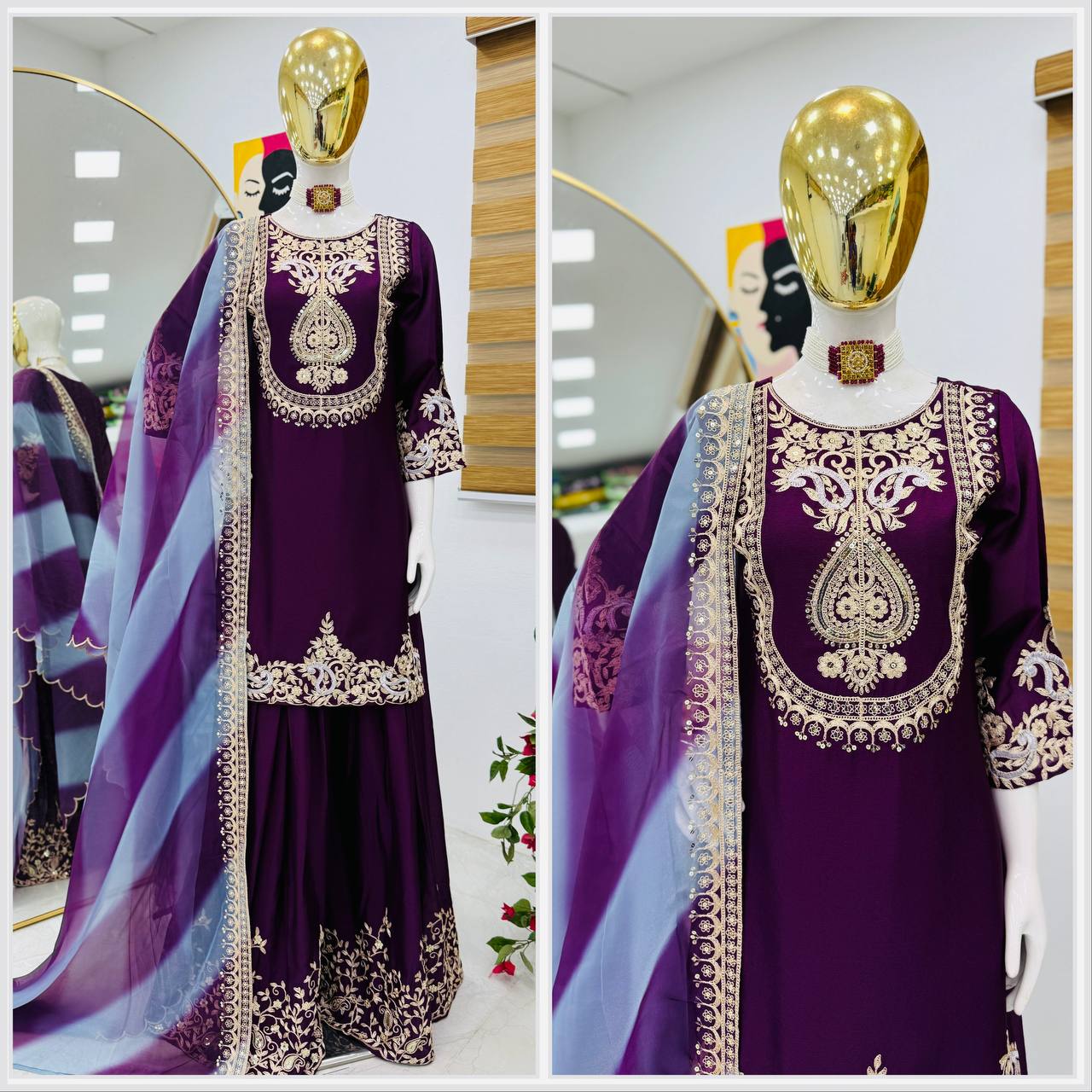 Designer Party Top Sharara & Dupatta Set in purple color