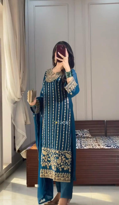 Blue Color Beautiful Partywear Dress IN Chinon Fabric