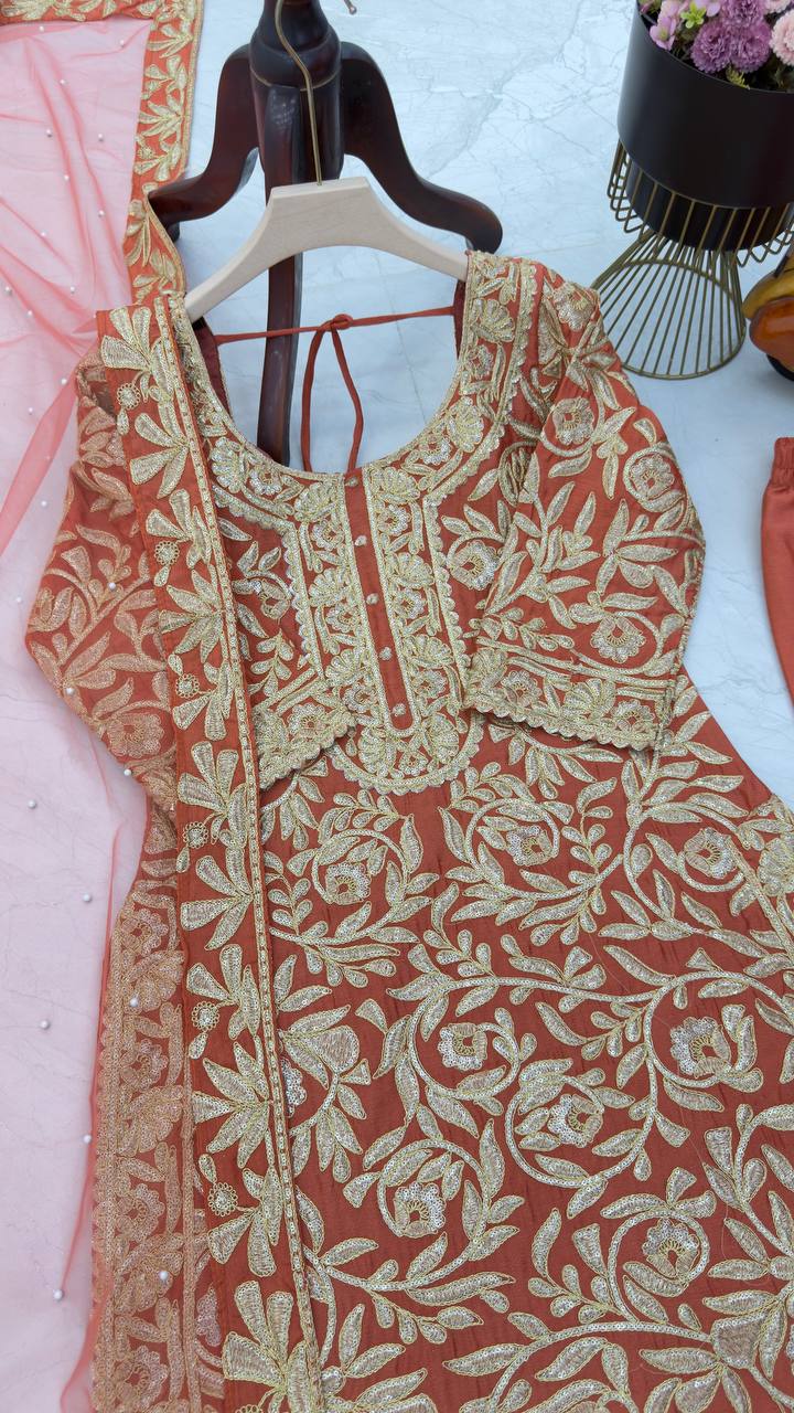 Red Color PArtywear Dress in Chinon Fabric