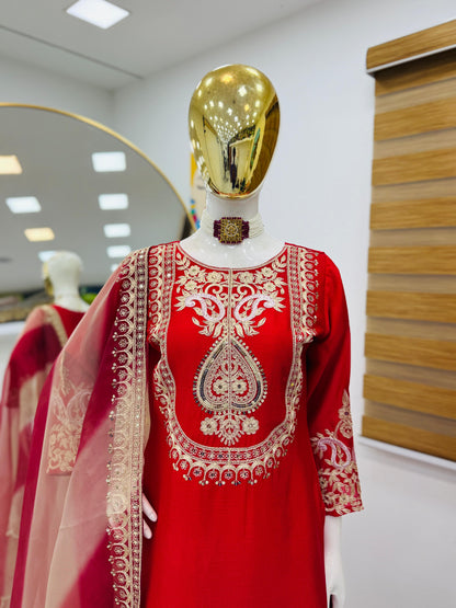 Red Color Partywear Sharara Suit in chinon silk fabric