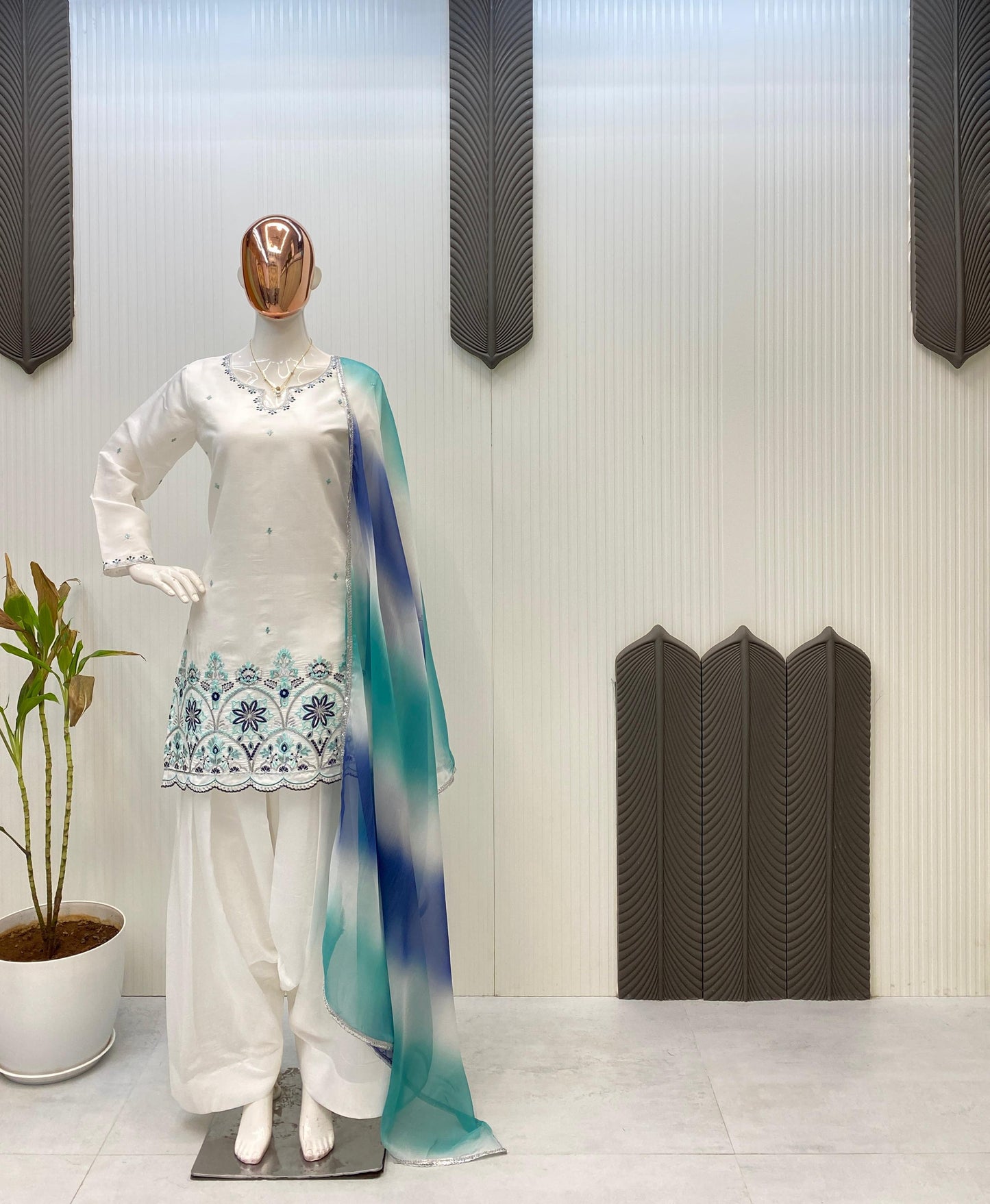 Roman Silk Fabric Salwar Kameez in Off white color