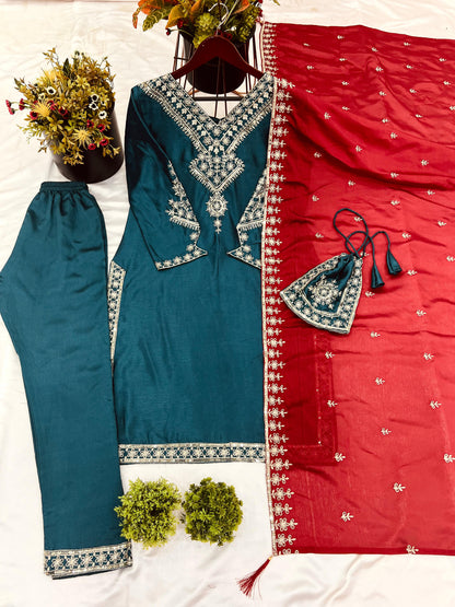 Festival Collection In Chinnon And Heavy Embroidery Sequence Work Top-Bottom And Dupatta Set
