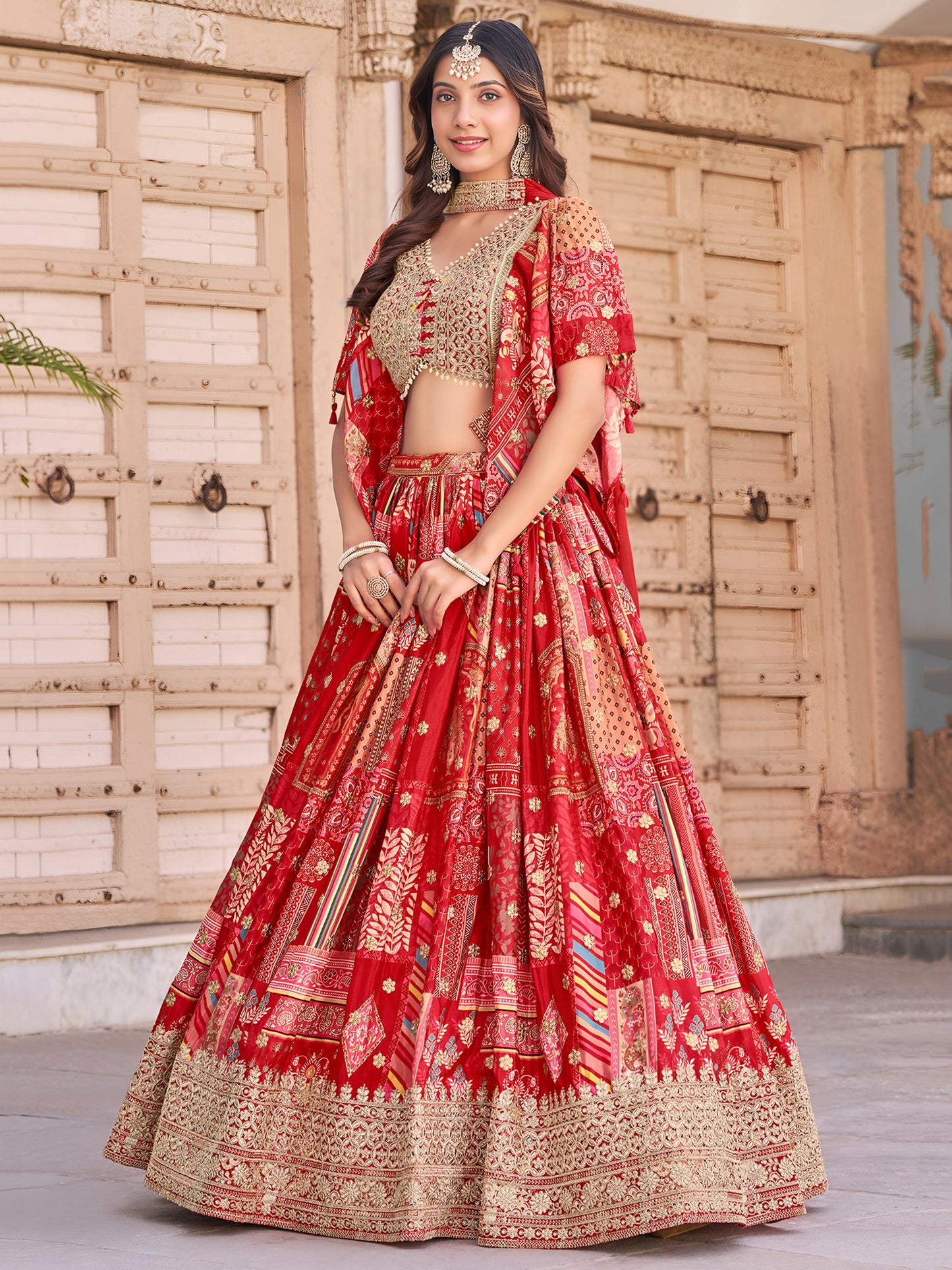 Red Color Beautiful Lehenga Choli in Chinon Silk Fabric