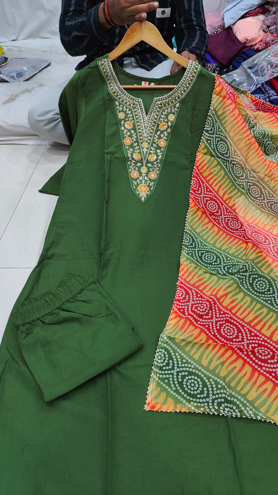 rayon embroidered straight kurta with pant and dupatta sets
