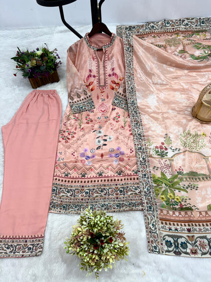 3 Piece Fancy Printed Kurti With Beautiful Bottom And Attractive Dupatta