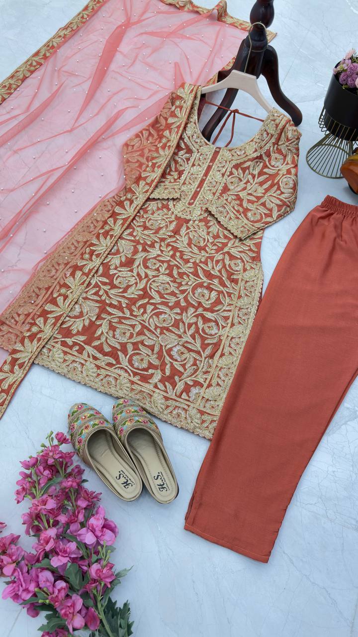 Red Color PArtywear Dress in Chinon Fabric