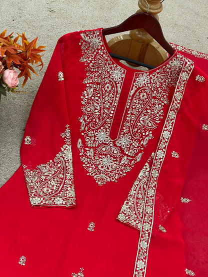 faux georgette with embroidery work top-bottom and dupatta set fully stitched ready to wear
