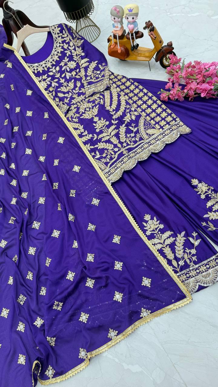 Dark Blue Color Beautiful Sharara Suit in Chinon FAbric