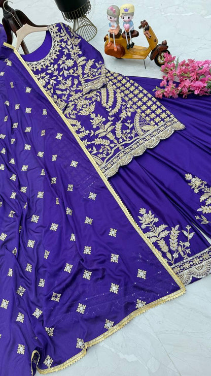 Dark Blue Color Beautiful Sharara Suit in Chinon FAbric