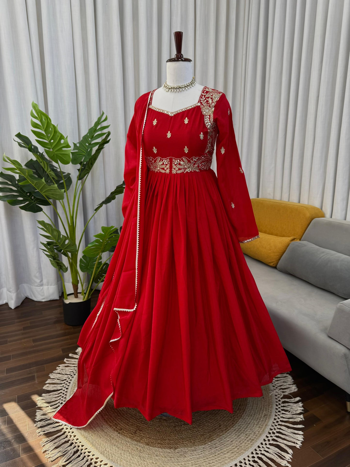 red colour beautiful partywear dress in chinon silk fabic