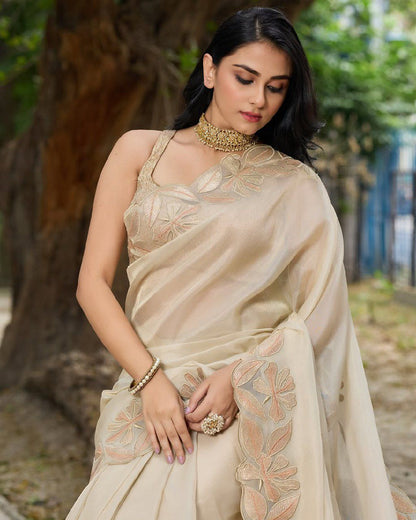 Beautiful White Cream color organza silk saree