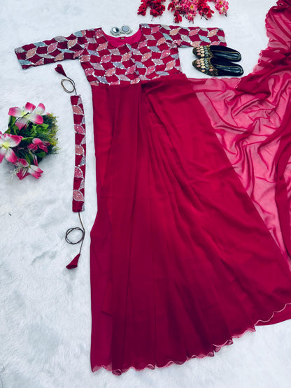 red color beautiful trending zip nd go embroidery saree