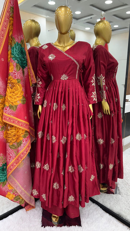 Purple Colour Beautiful Chinnon fabric With Embroidery Sequence Work Gown And Dupatta Set