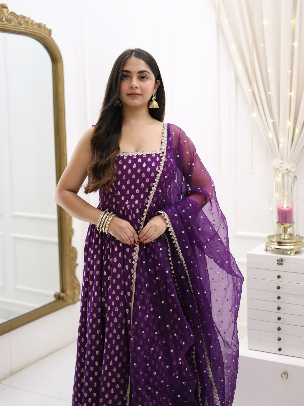 Purple Color Beautiful Gown in Jacquard Silk Fabric