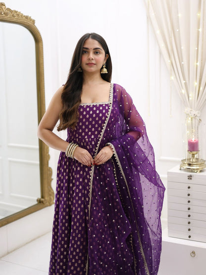 Purple Color Beautiful Gown in Jacquard Silk Fabric