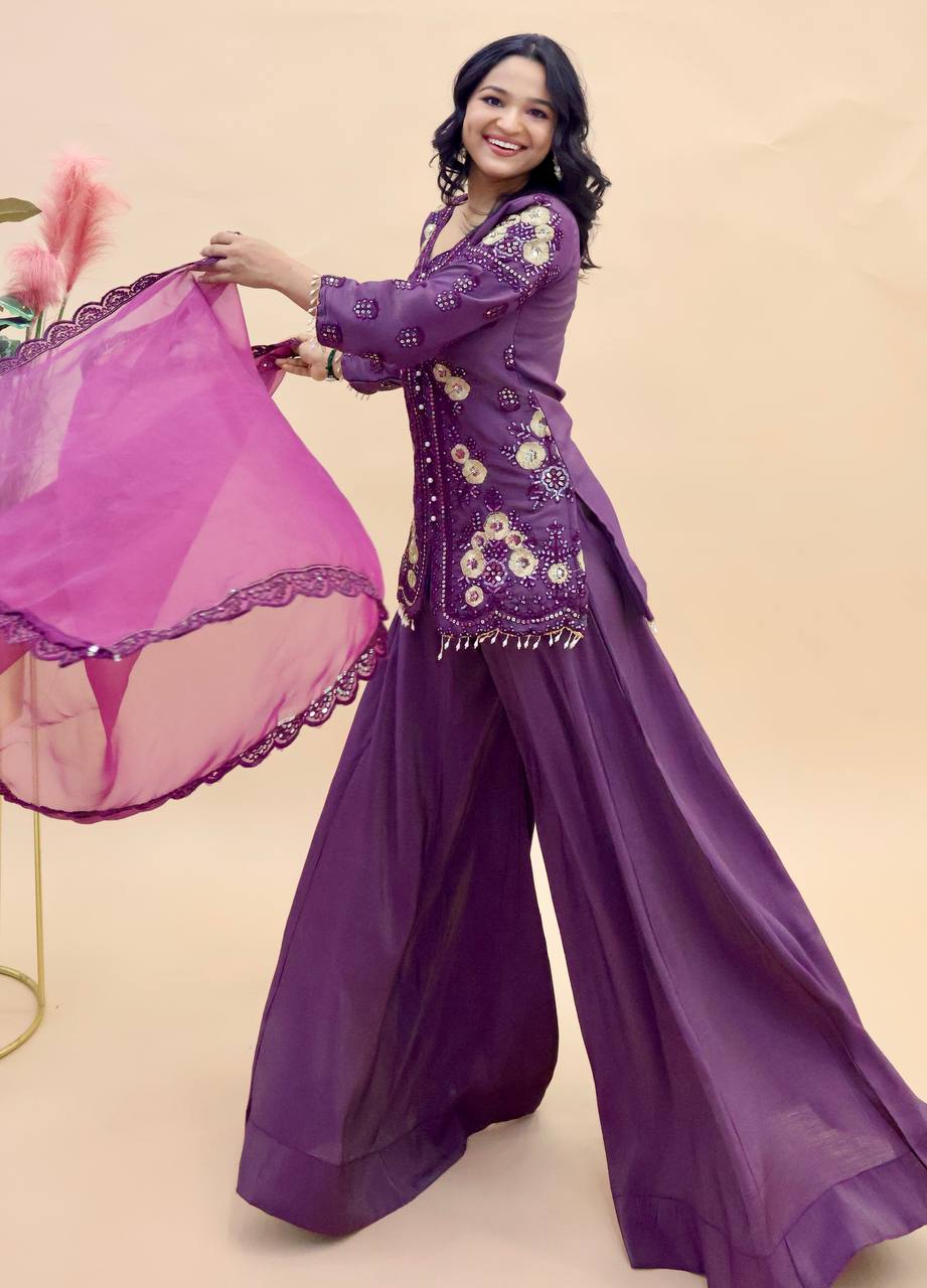 Designer Party Top Pallazo & Dupatta Set in purple color