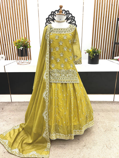 Yellow Color Beautiful Top Lehenga Dupatta Dress in Georgette Fabric