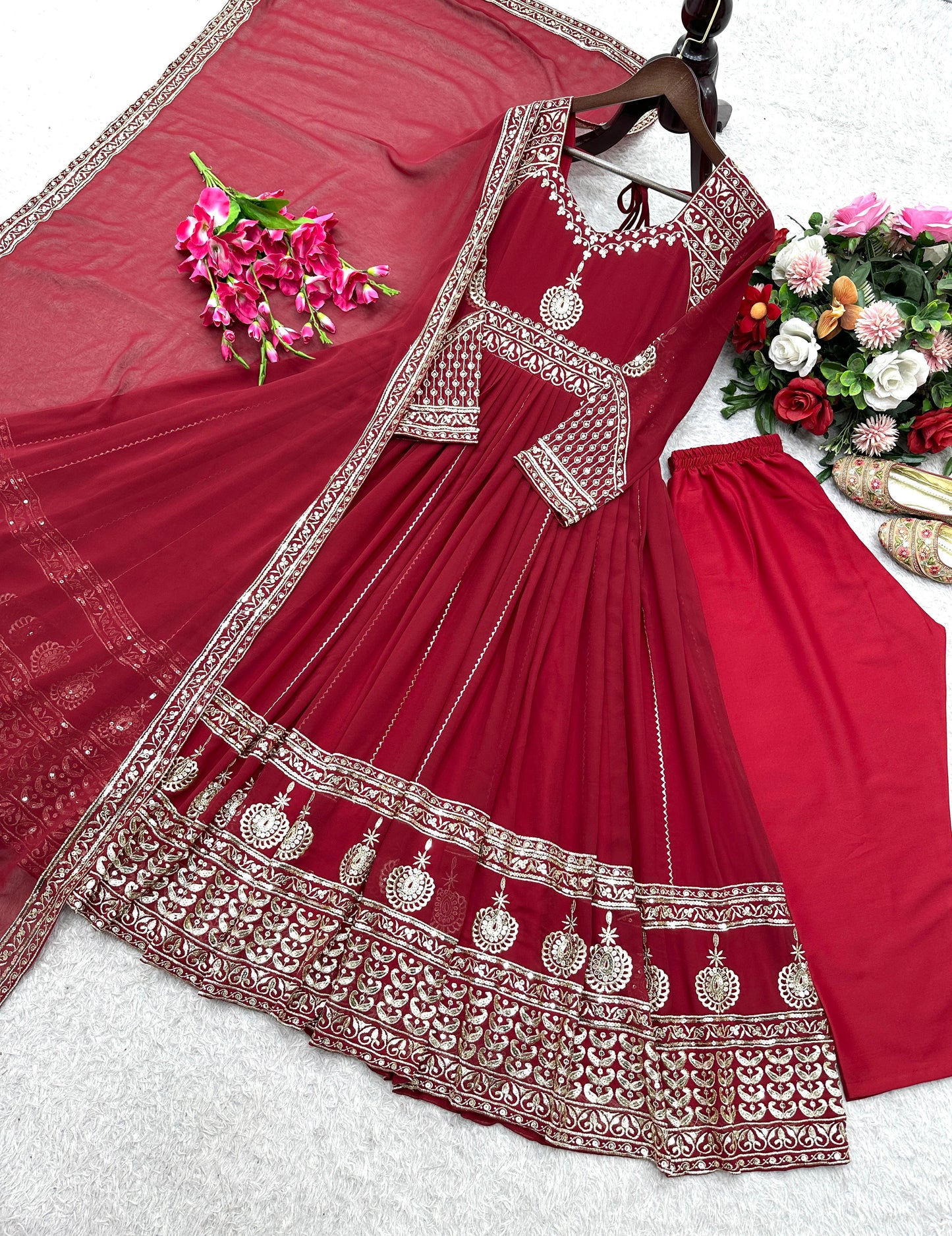 Red Color Beautiful party wear look heavy fox georgette gown pent & dupatta set