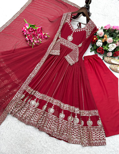 Red Color Beautiful party wear look heavy fox georgette gown pent & dupatta set