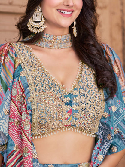 Sky Blue Color Beautiful Lehenga Choli in Chinon Silk Fabric
