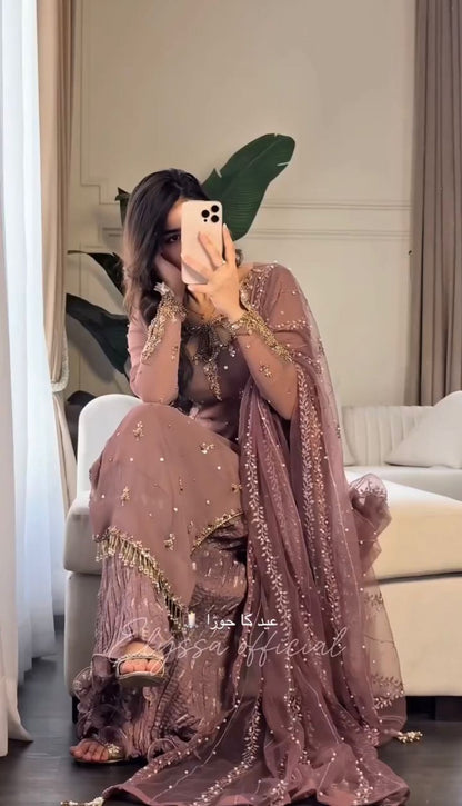 Georgette With Heavy Embroidery Sequence Work Top-Bottom And Dupatta Set