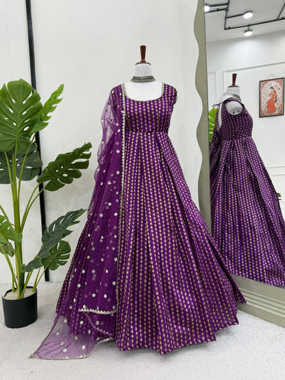 Purple Color Beautiful Gown in Jacquard Silk Fabric