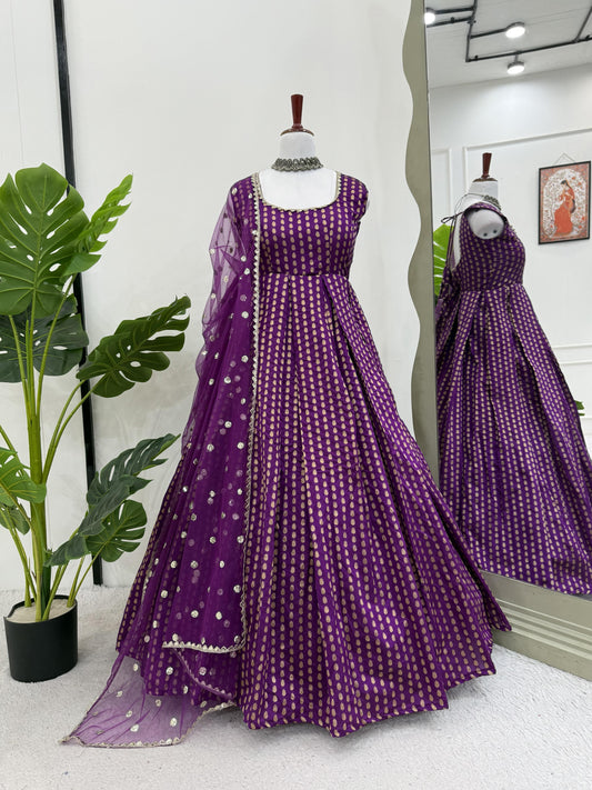 Purple Color Beautiful Gown in Jacquard Silk Fabric