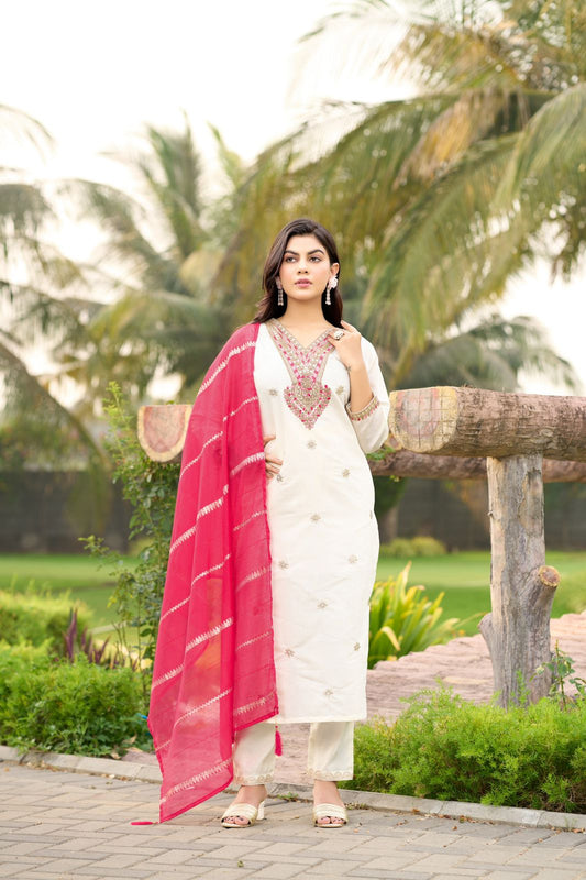 White Cream Color Beautiful Summer wear Dress in Roman Silk fabric